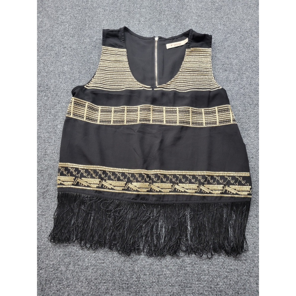 Izzy & Lola Cypress Black Gold Embroidered Fringe Sleeveless Top Blouse CG1026
